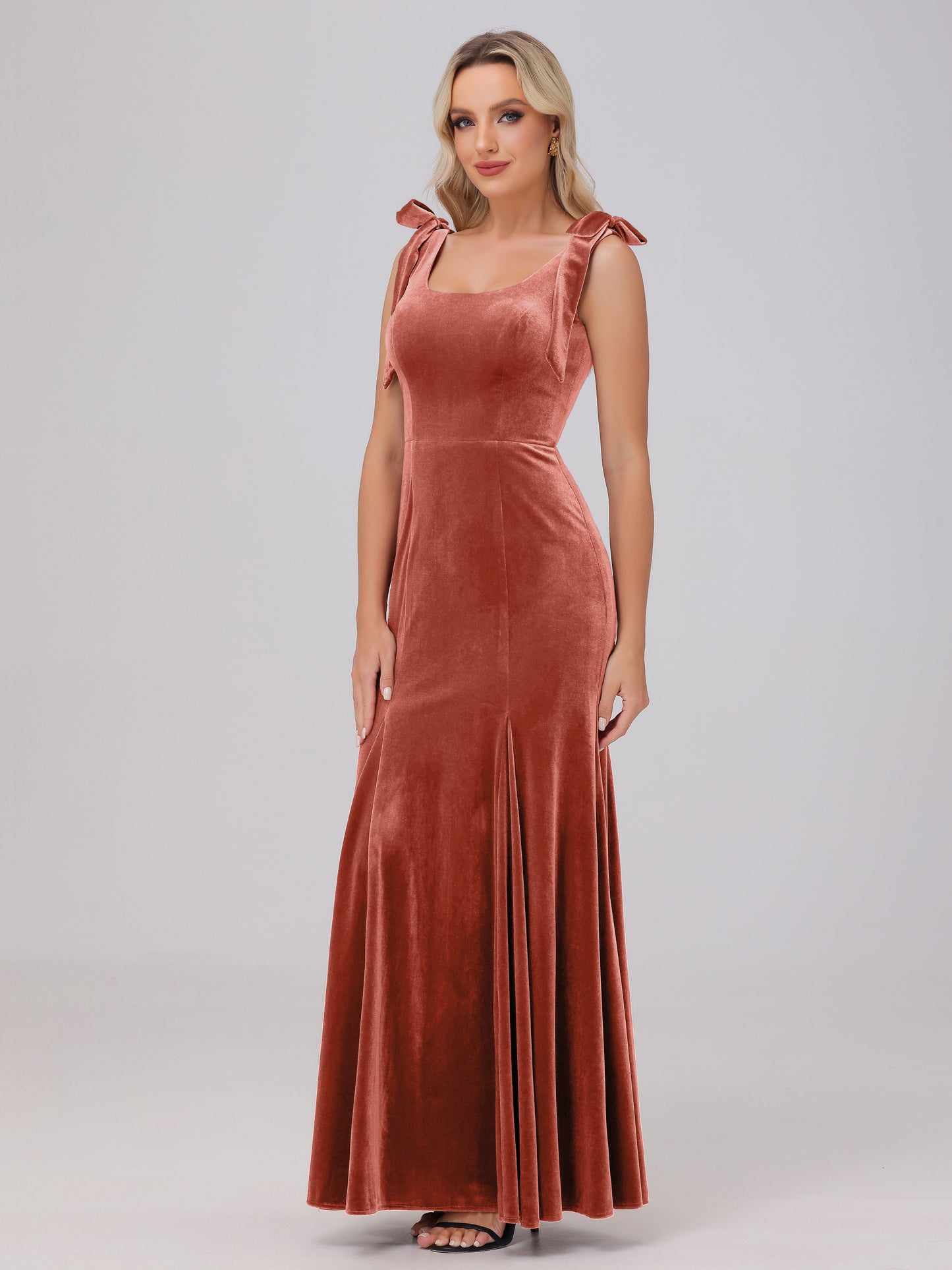 Sheath Square Neck with Bowknot Straps Velvet Bridesmaid Dresses