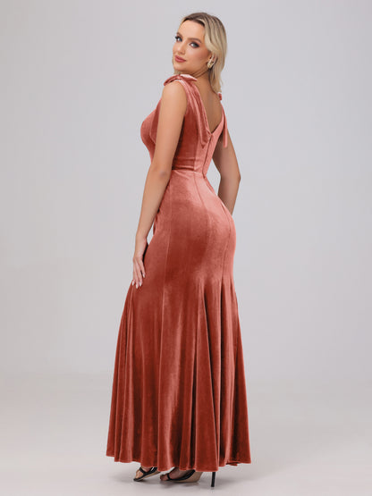 Sheath Square Neck with Bowknot Straps Velvet Bridesmaid Dresses