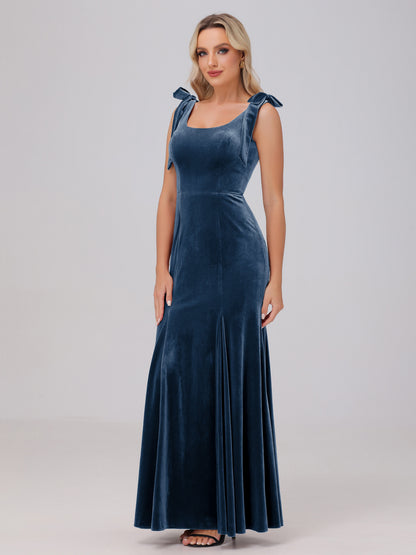 Sheath Square Neck with Bowknot Straps Velvet Bridesmaid Dresses