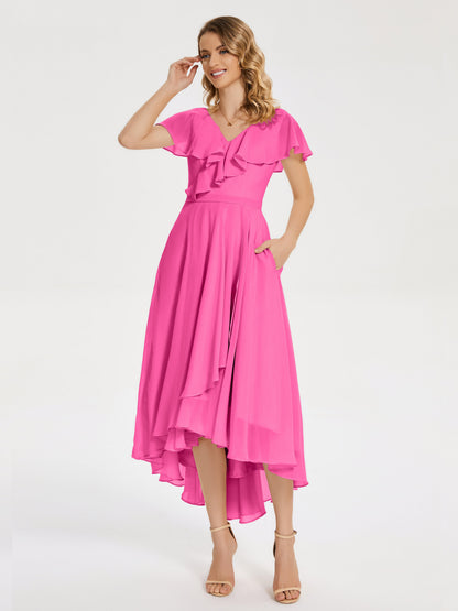 Gabriela Short Sleeves High Low Bridesmaid Dress with Pockets