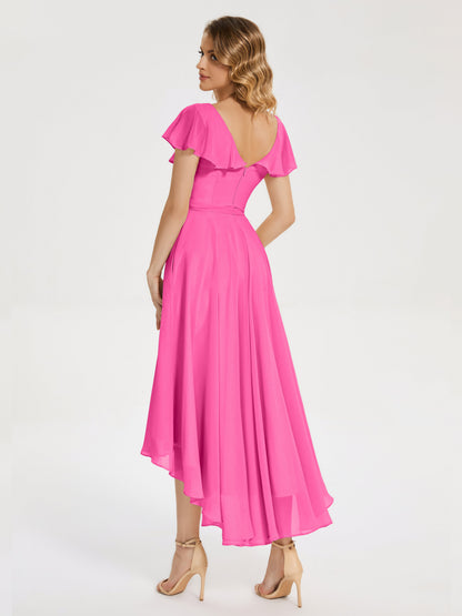 Gabriela Short Sleeves High Low Bridesmaid Dress with Pockets