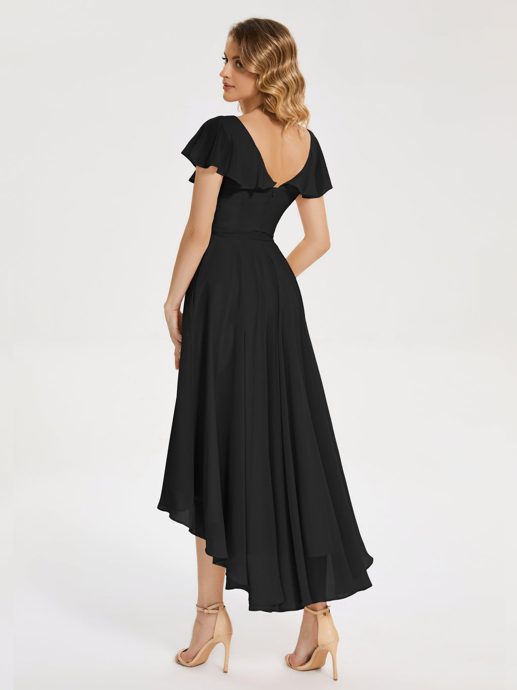 Gabriela Short Sleeves High Low Bridesmaid Dress with Pockets
