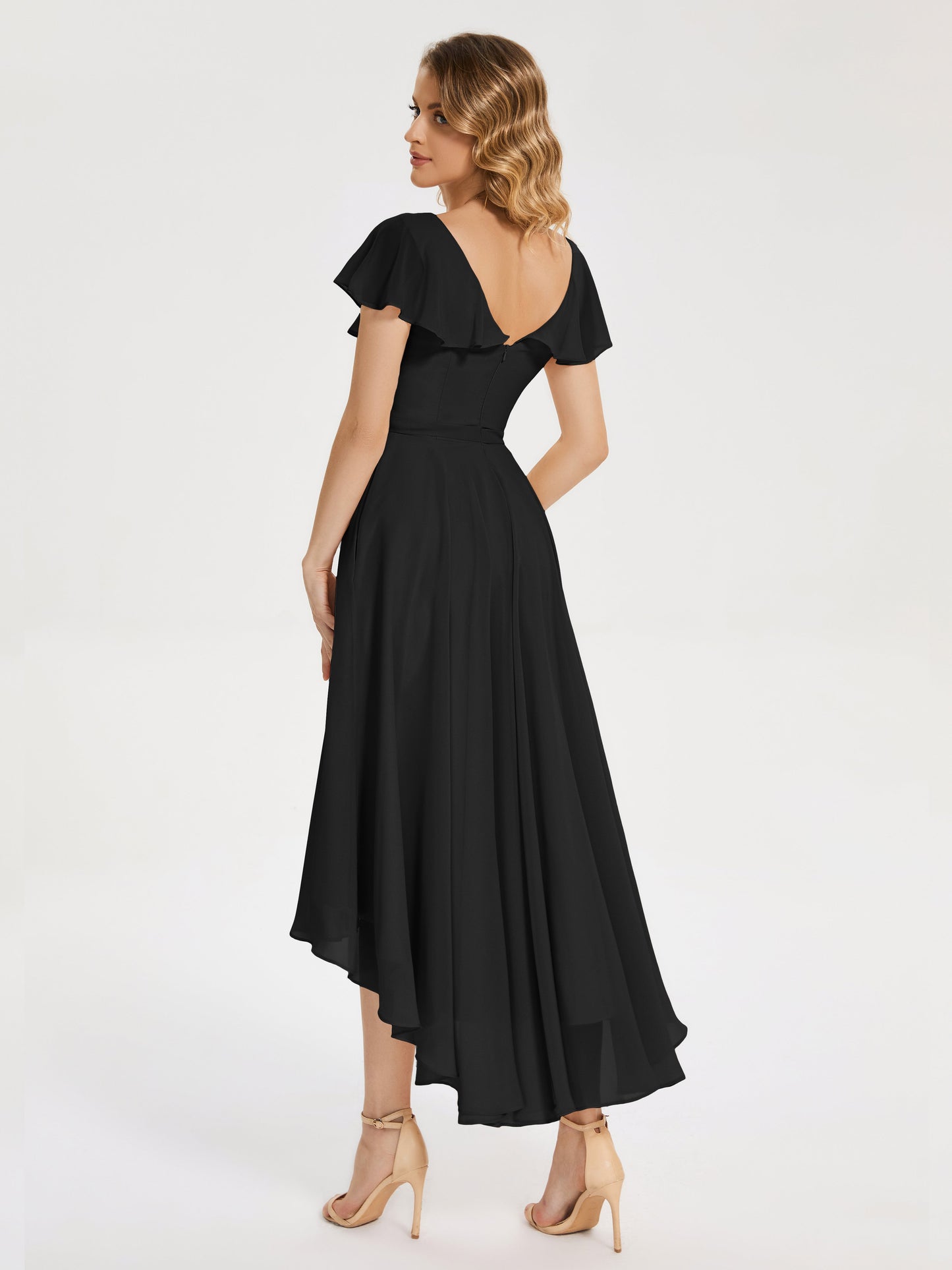 Gabriela Short Sleeves High Low Bridesmaid Dress with Pockets