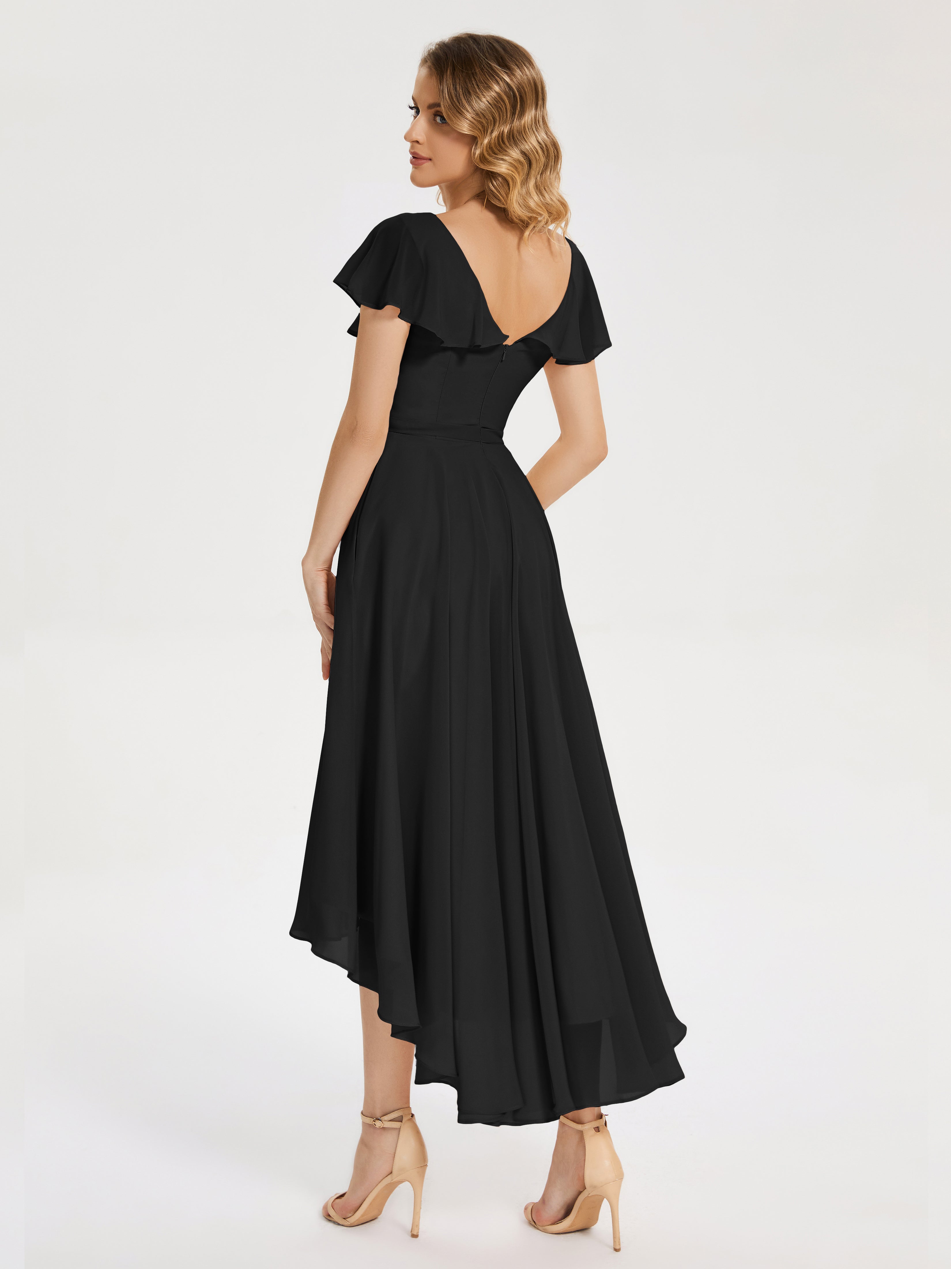 Gabriela Short Sleeves High Low Bridesmaid Dress with Pockets