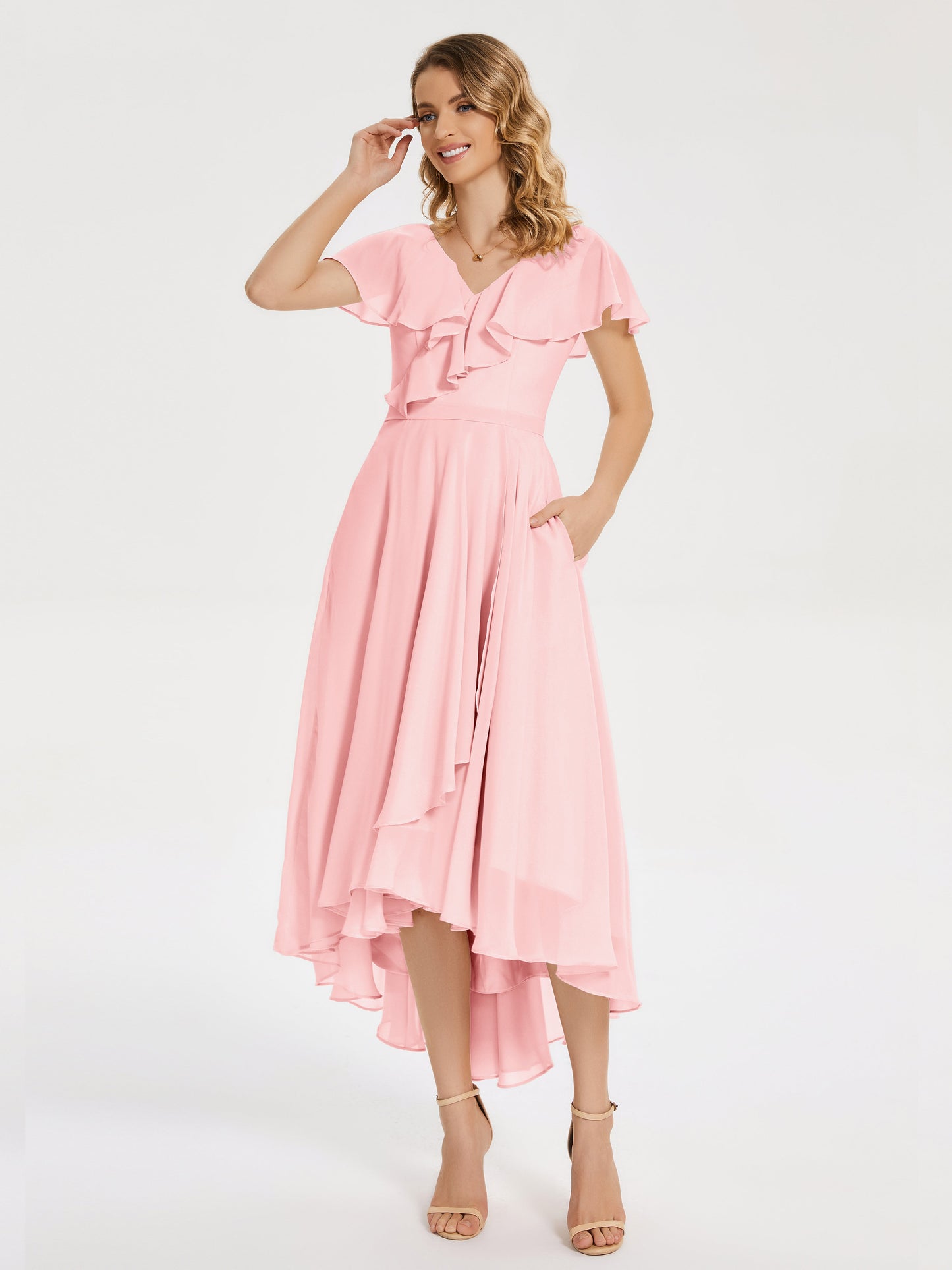Gabriela Short Sleeves High Low Bridesmaid Dress with Pockets