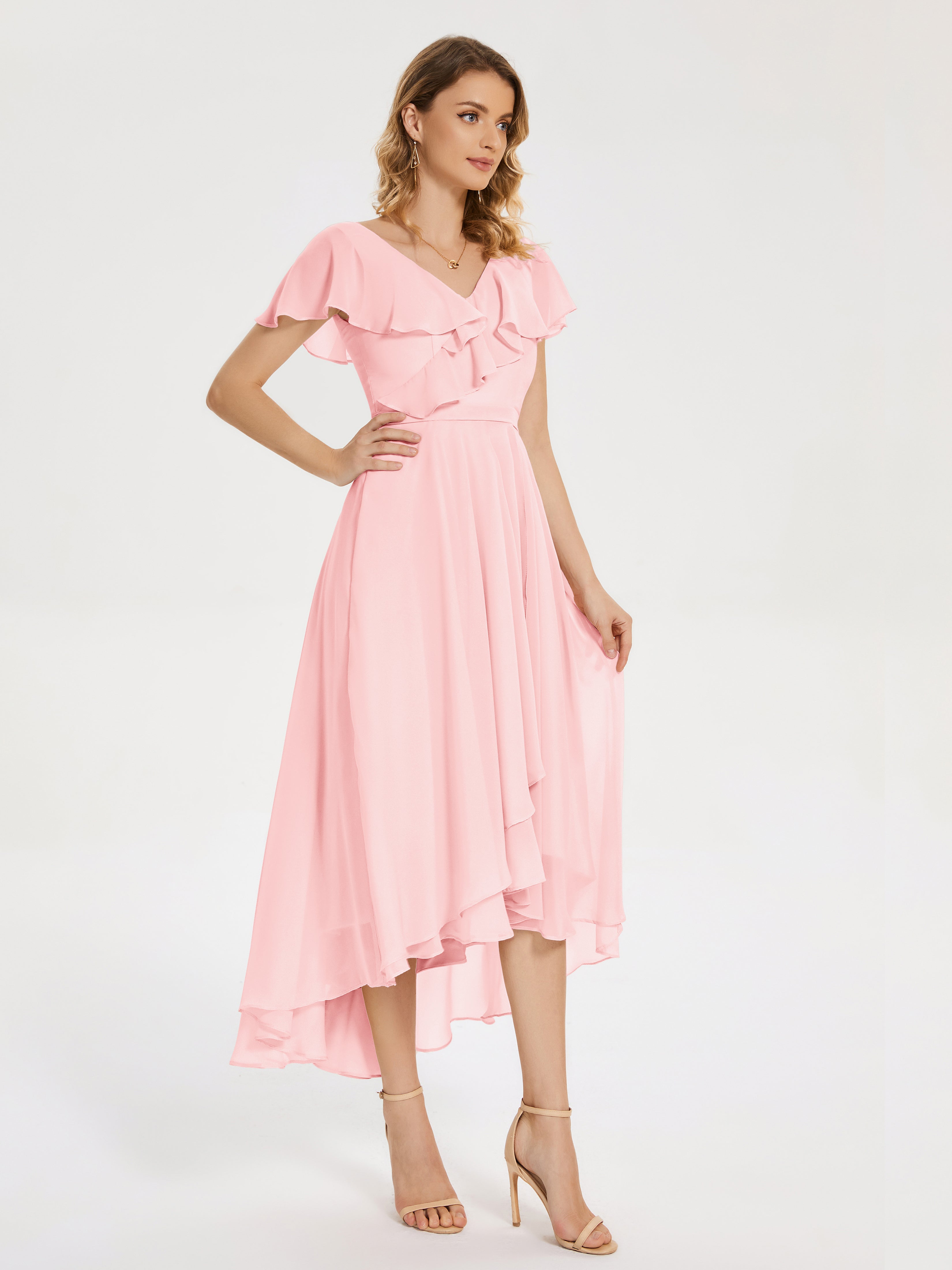 Gabriela Short Sleeves High Low Bridesmaid Dress with Pockets