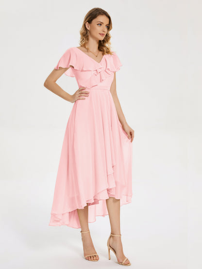 Gabriela Short Sleeves High Low Bridesmaid Dress with Pockets