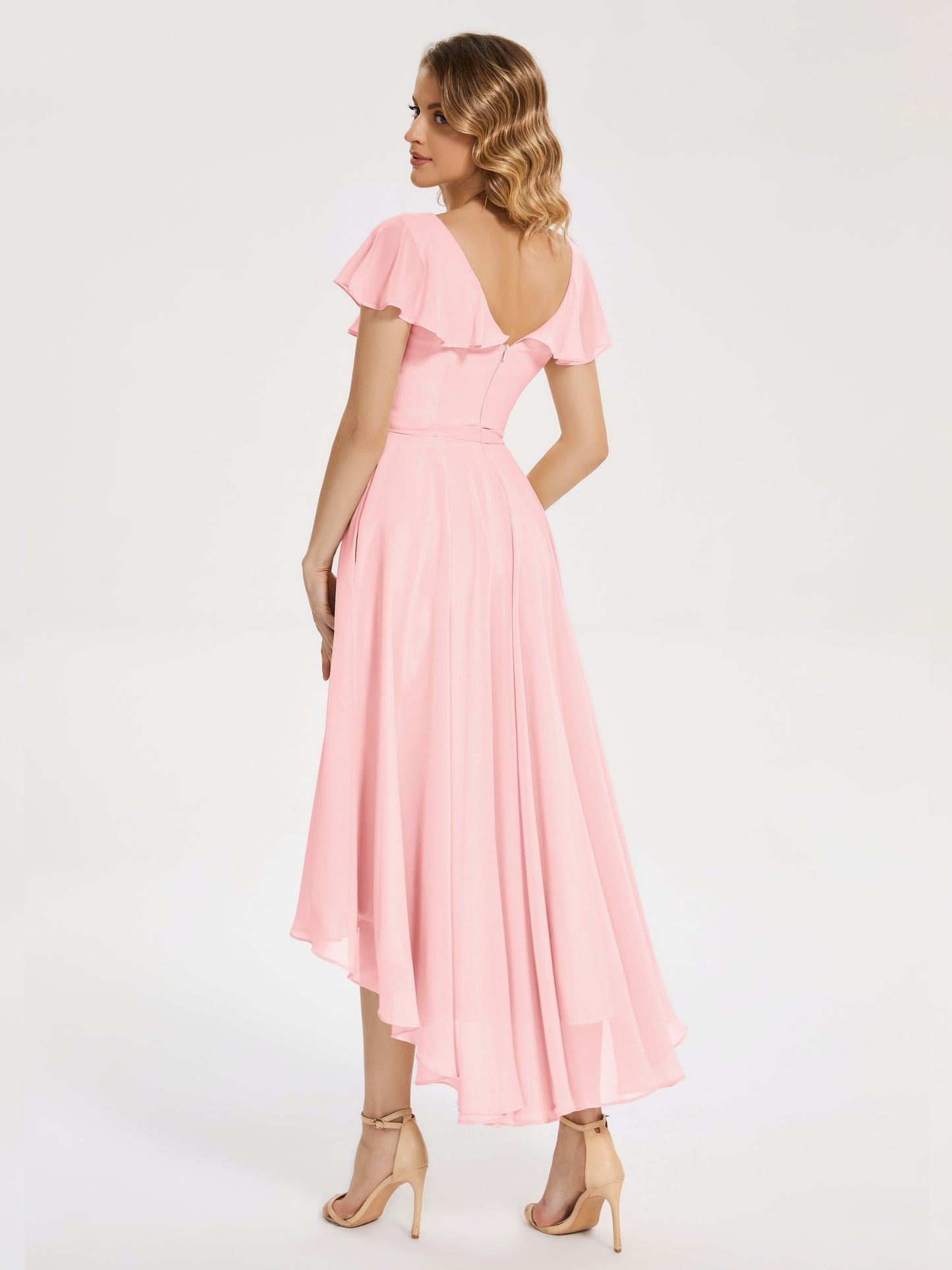Gabriela Short Sleeves High Low Bridesmaid Dress with Pockets