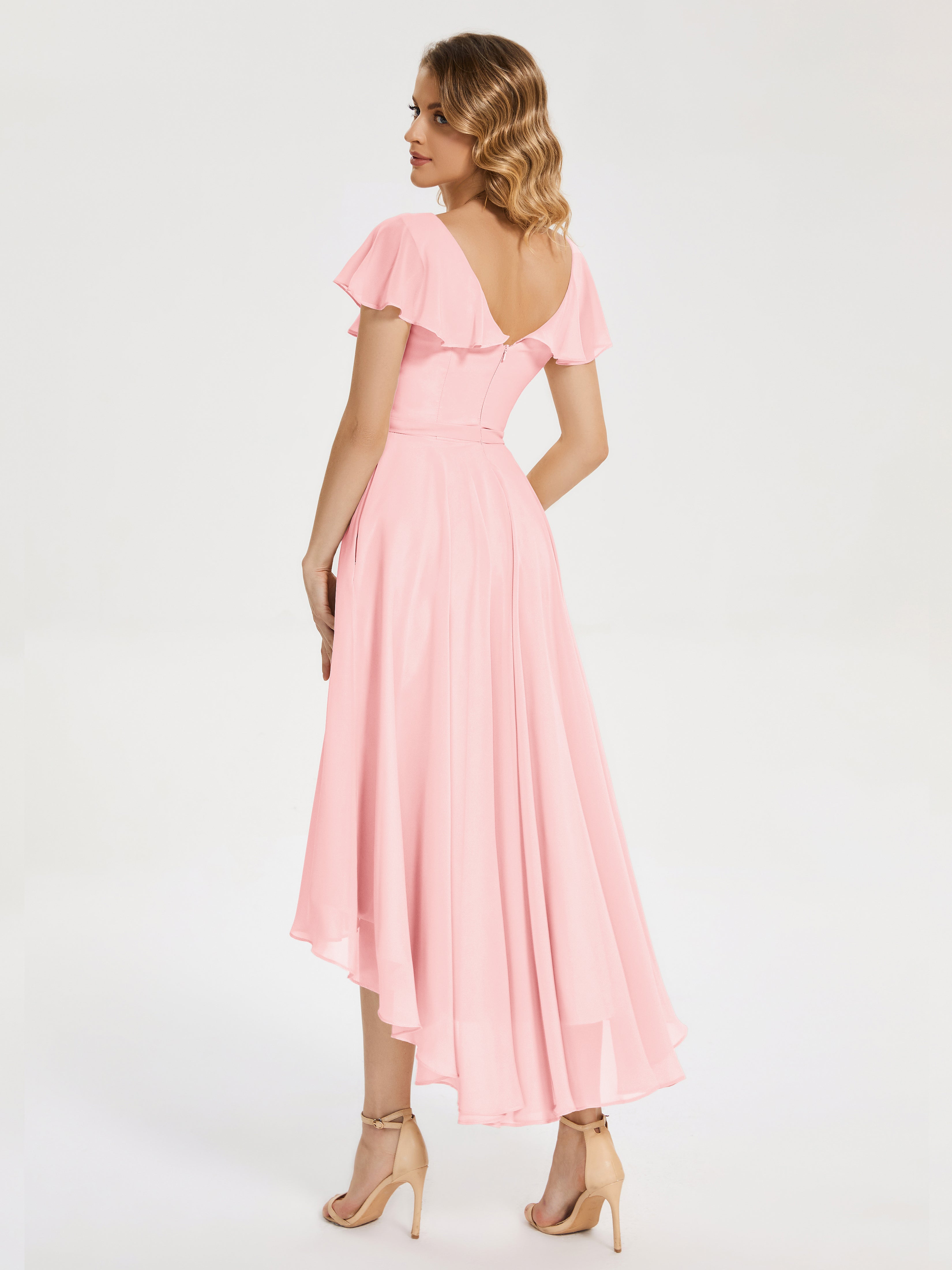 Gabriela Short Sleeves High Low Bridesmaid Dress with Pockets