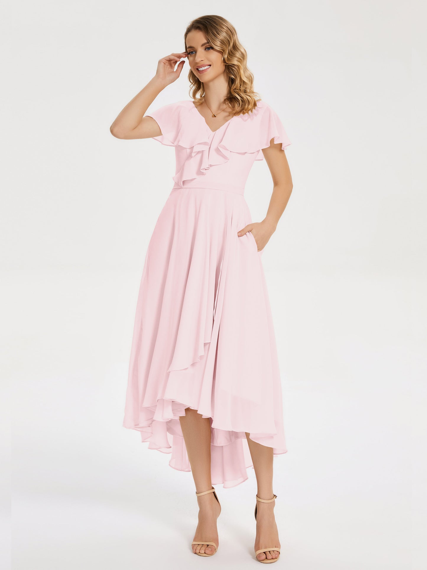 Gabriela Short Sleeves High Low Bridesmaid Dress with Pockets