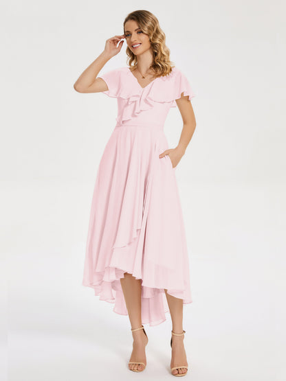 Gabriela Short Sleeves High Low Bridesmaid Dress with Pockets