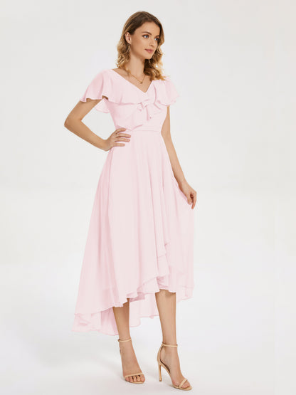 Gabriela Short Sleeves High Low Bridesmaid Dress with Pockets