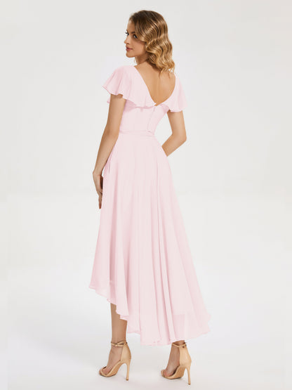 Gabriela Short Sleeves High Low Bridesmaid Dress with Pockets