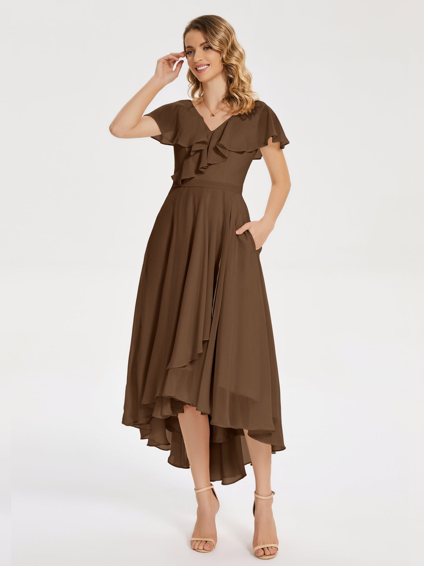 Gabriela Short Sleeves High Low Bridesmaid Dress with Pockets