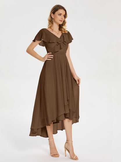 Gabriela Short Sleeves High Low Bridesmaid Dress with Pockets