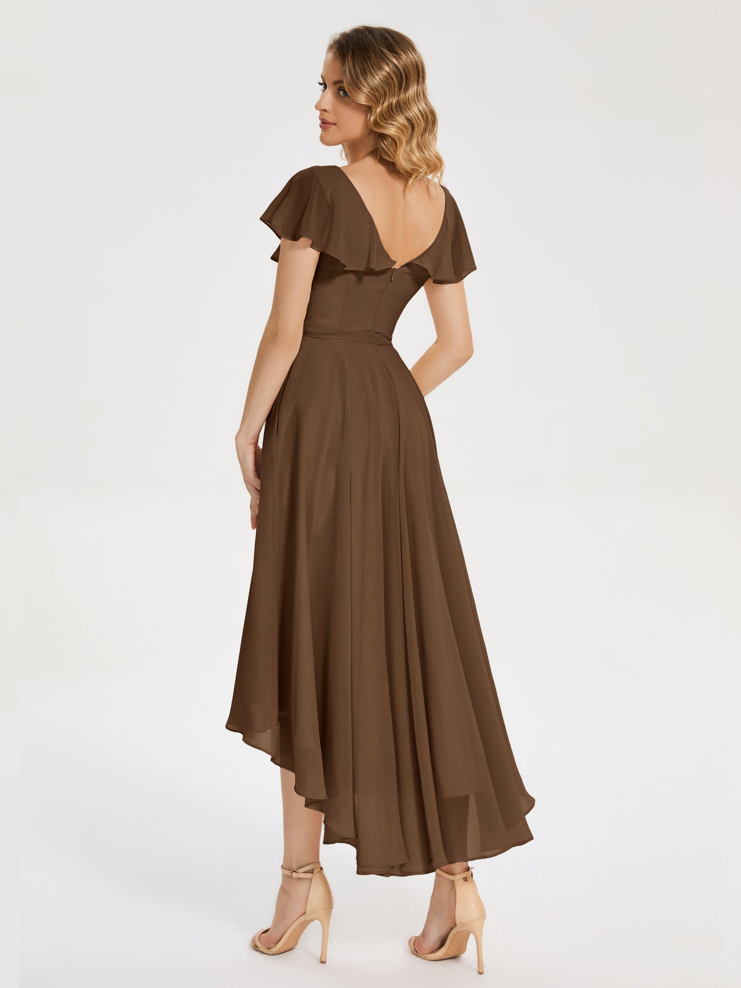 Gabriela Short Sleeves High Low Bridesmaid Dress with Pockets