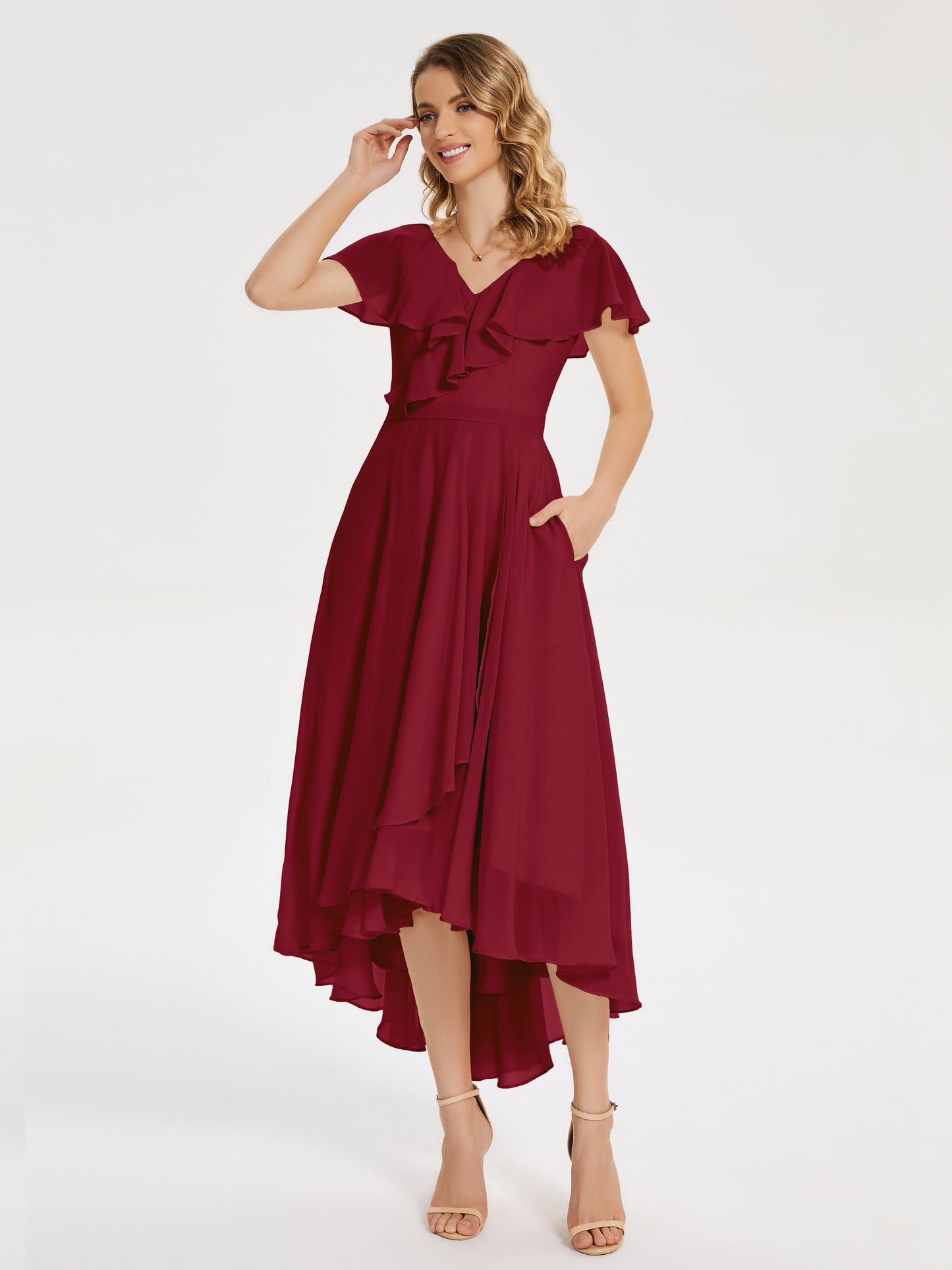 Gabriela Short Sleeves High Low Bridesmaid Dress with Pockets