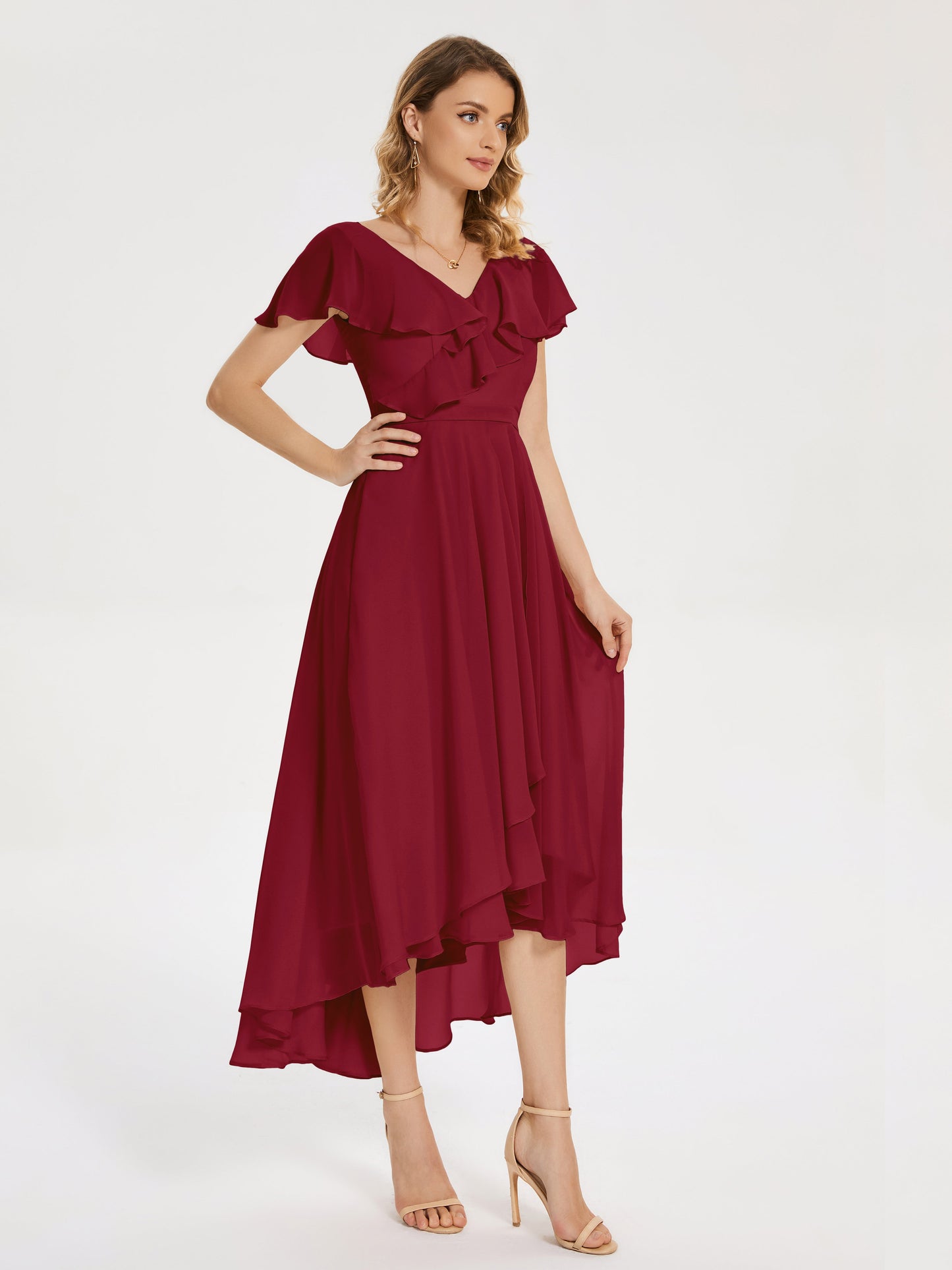 Gabriela Short Sleeves High Low Bridesmaid Dress with Pockets