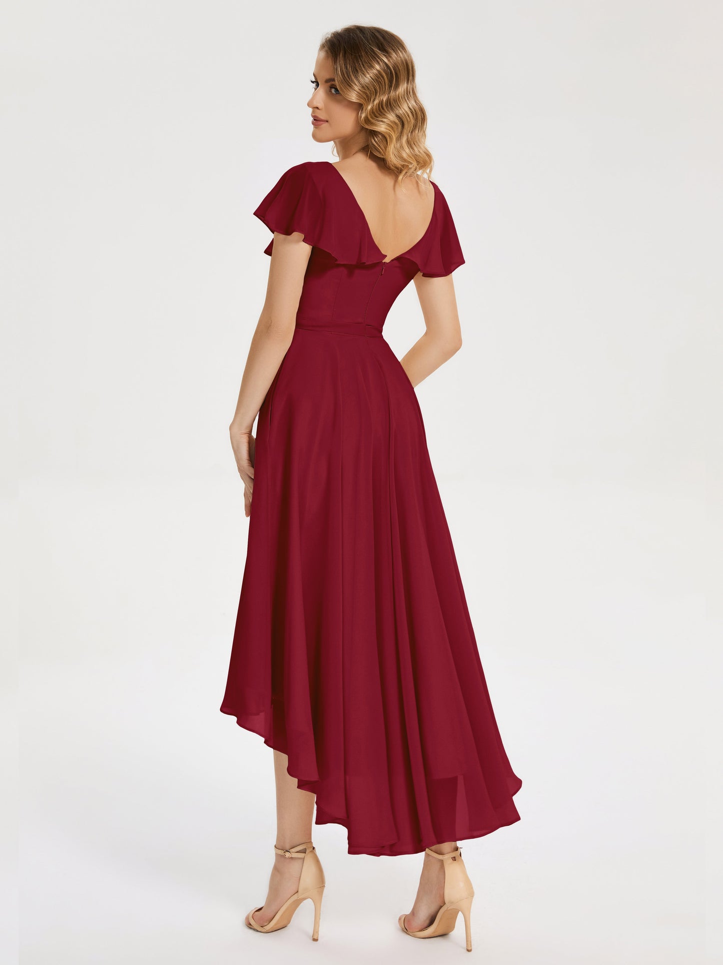 Gabriela Short Sleeves High Low Bridesmaid Dress with Pockets