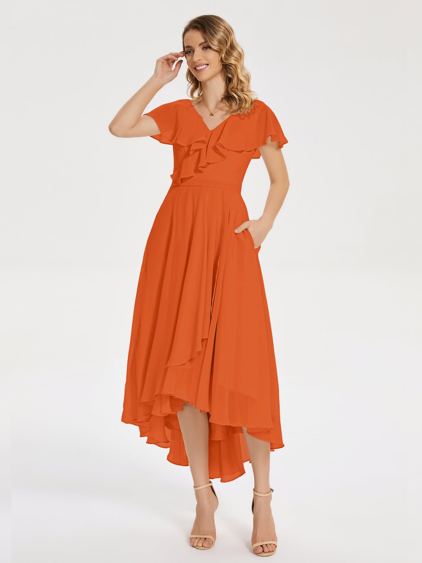 Gabriela Short Sleeves High Low Bridesmaid Dress with Pockets