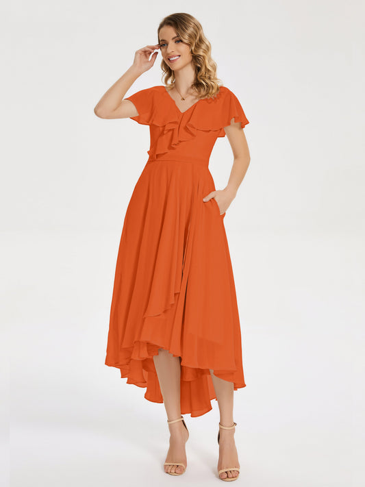 Gabriela Short Sleeves High Low Bridesmaid Dress with Pockets