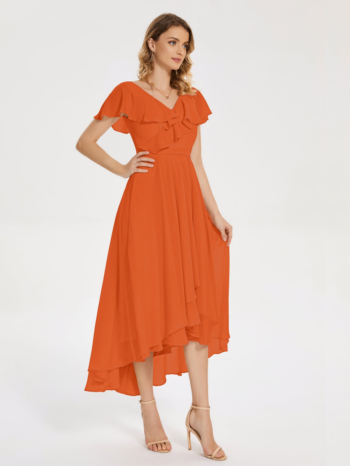 Gabriela Short Sleeves High Low Bridesmaid Dress with Pockets