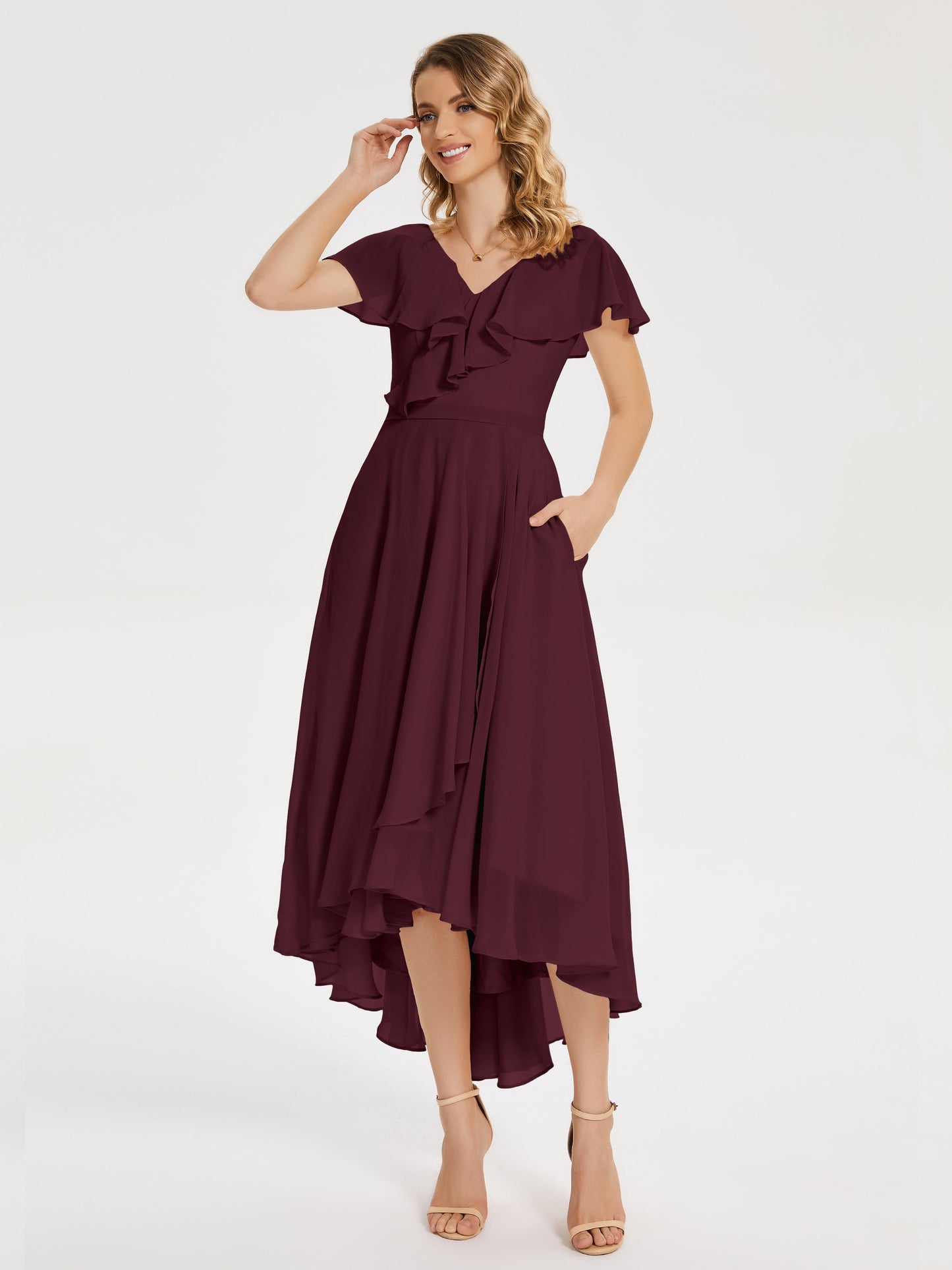 Gabriela Short Sleeves High Low Bridesmaid Dress with Pockets