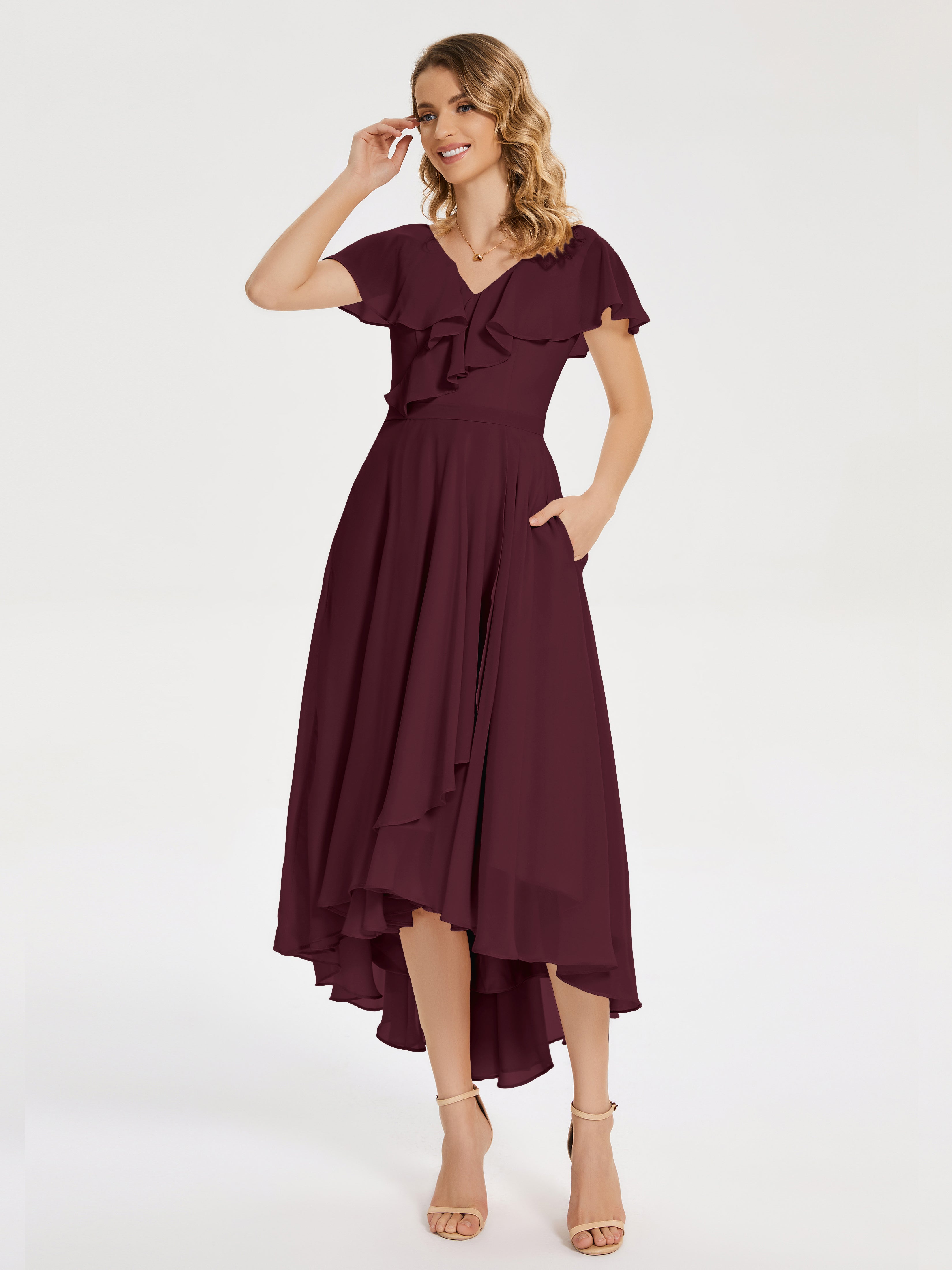 Gabriela Short Sleeves High Low Bridesmaid Dress with Pockets