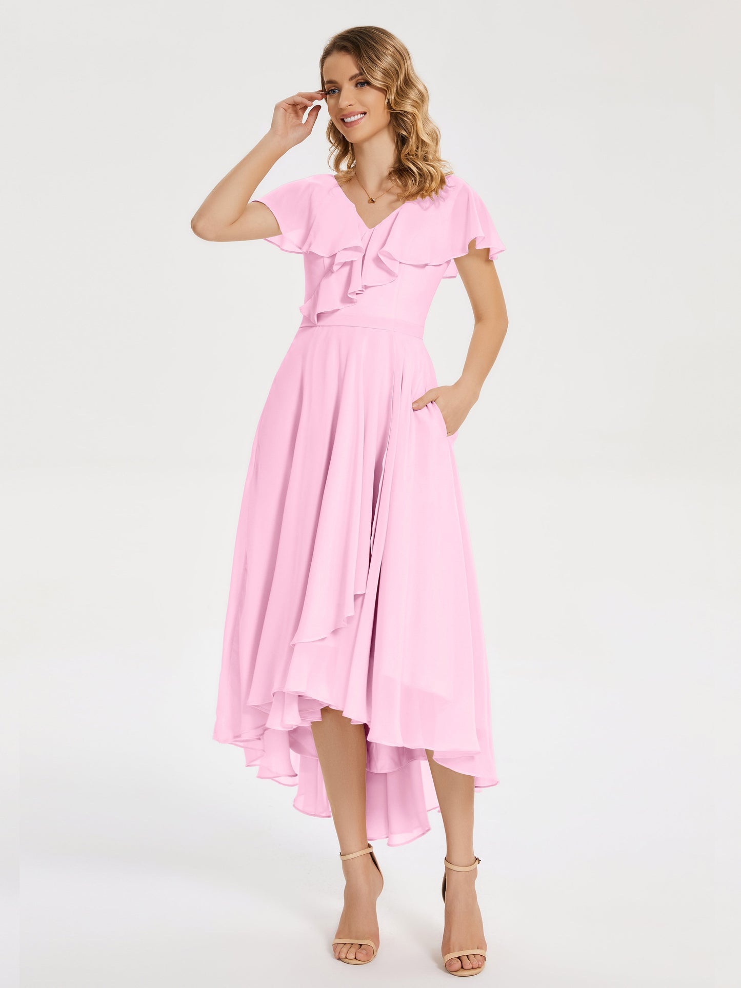 Gabriela Short Sleeves High Low Bridesmaid Dress with Pockets