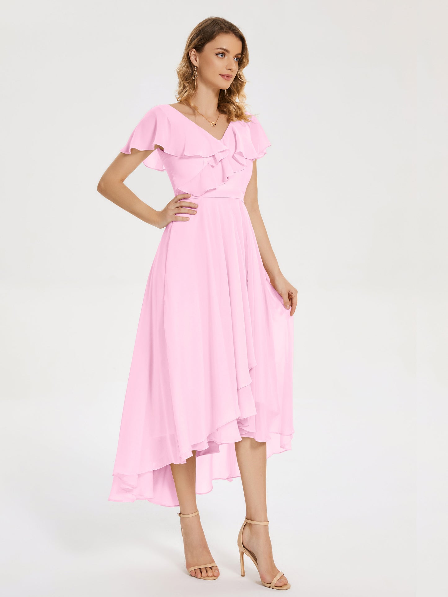 Gabriela Short Sleeves High Low Bridesmaid Dress with Pockets