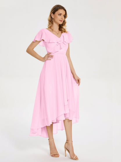 Gabriela Short Sleeves High Low Bridesmaid Dress with Pockets