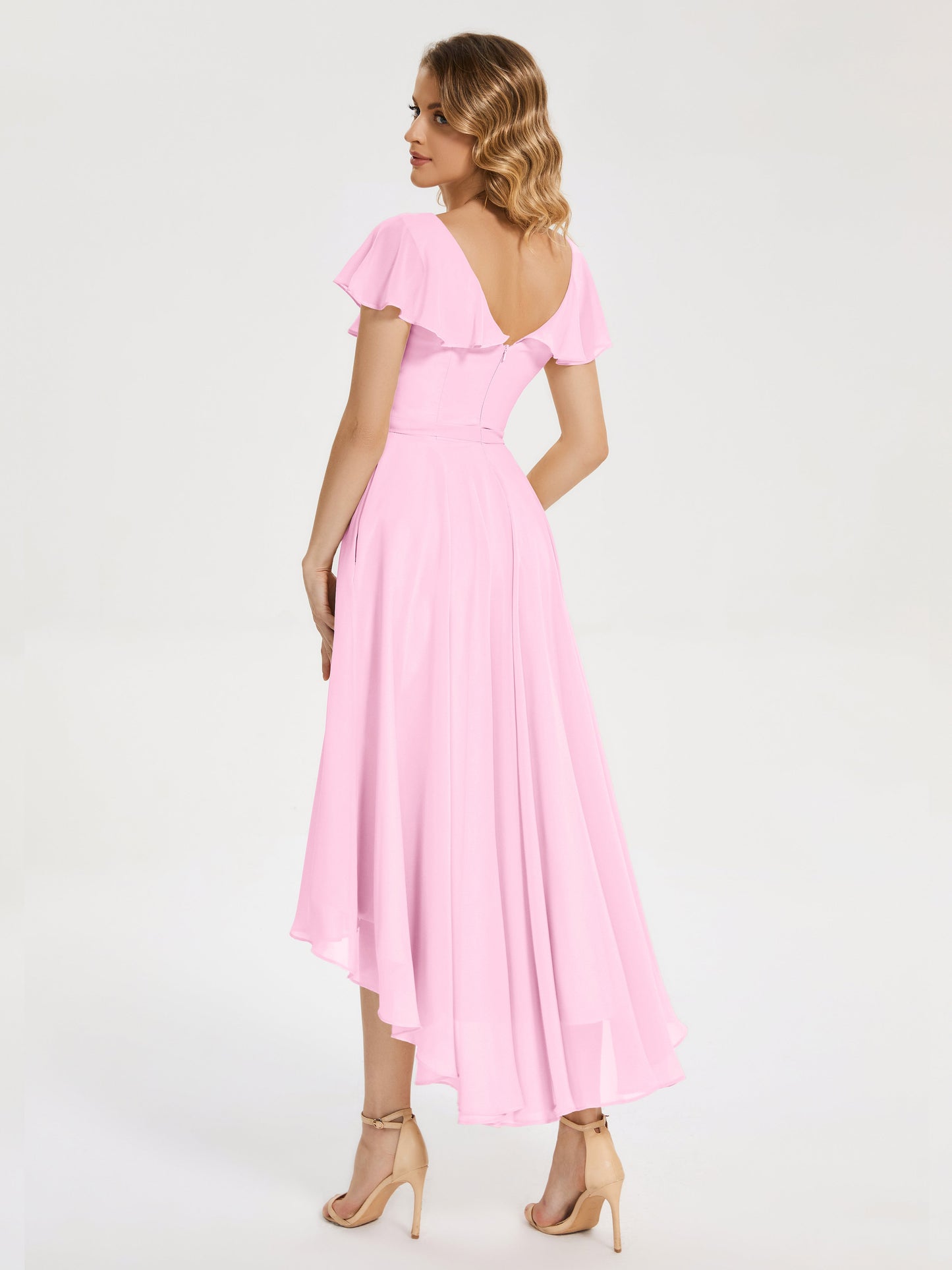Gabriela Short Sleeves High Low Bridesmaid Dress with Pockets