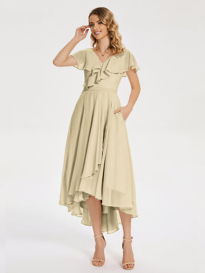Gabriela Short Sleeves High Low Bridesmaid Dress with Pockets