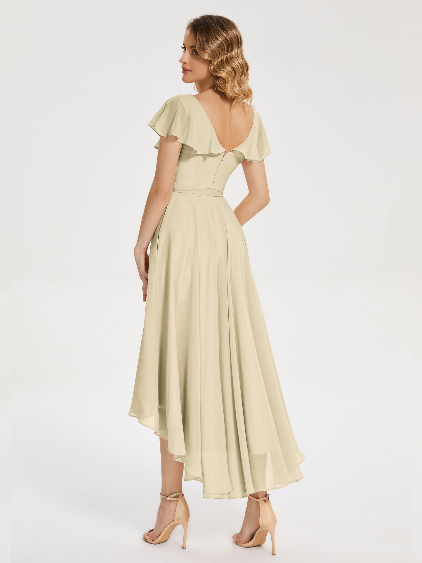 Gabriela Short Sleeves High Low Bridesmaid Dress with Pockets