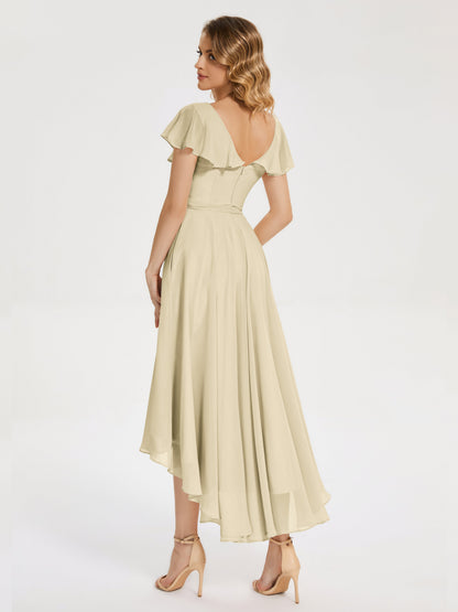 Gabriela Short Sleeves High Low Bridesmaid Dress with Pockets