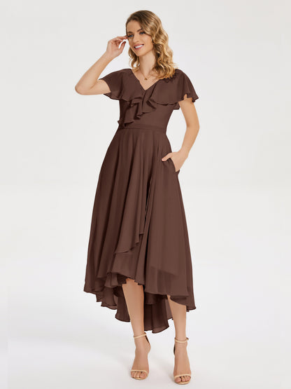 Gabriela Short Sleeves High Low Bridesmaid Dress with Pockets