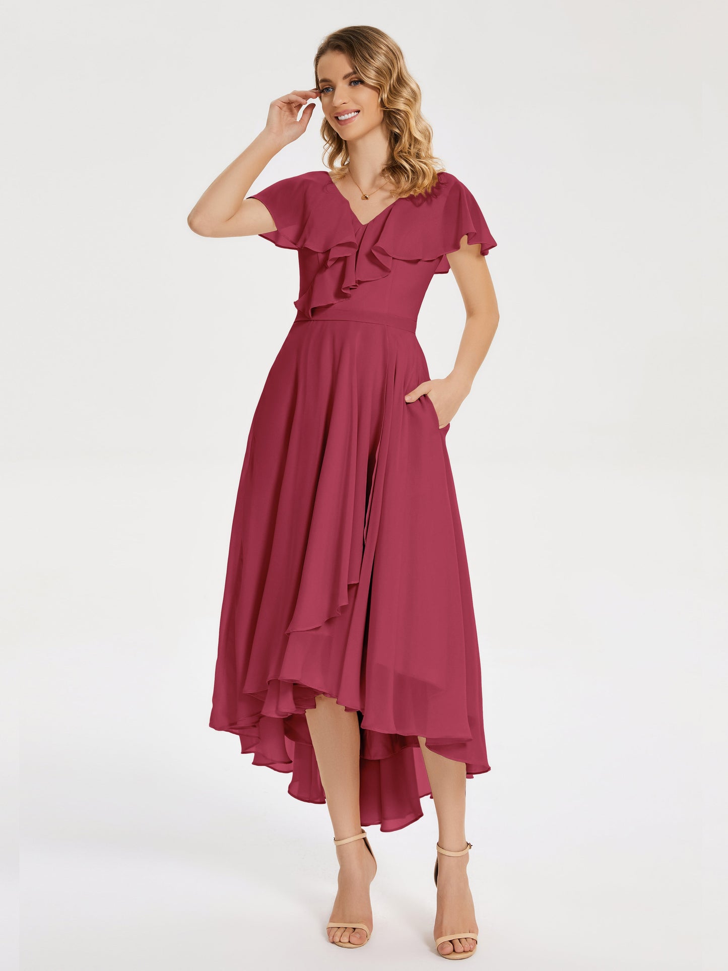 Gabriela Short Sleeves High Low Bridesmaid Dress with Pockets