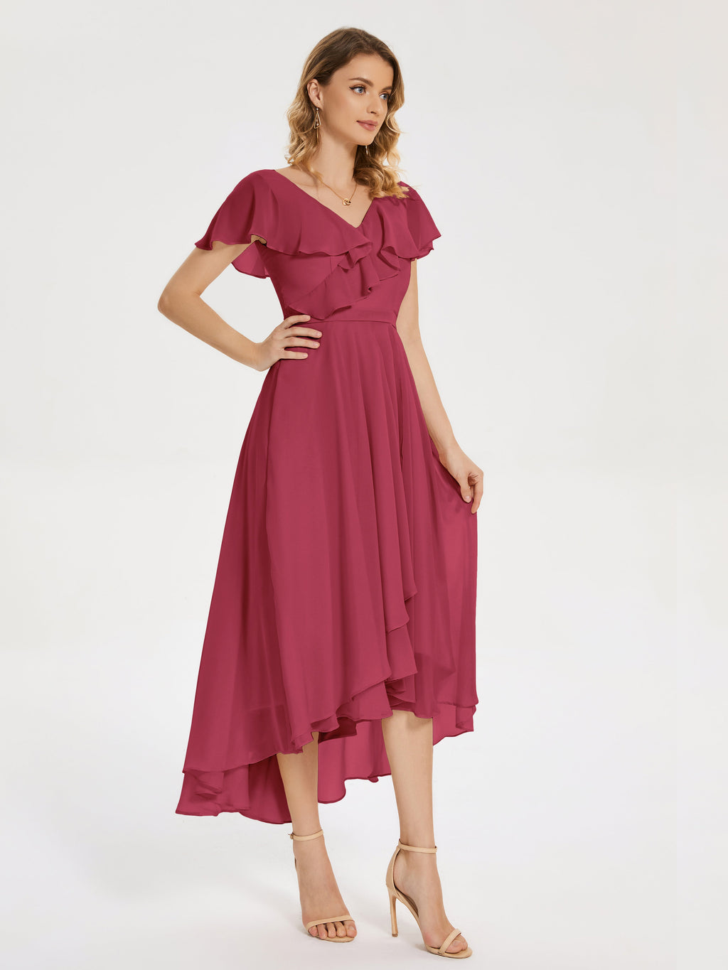 Gabriela Short Sleeves High Low Bridesmaid Dress with Pockets