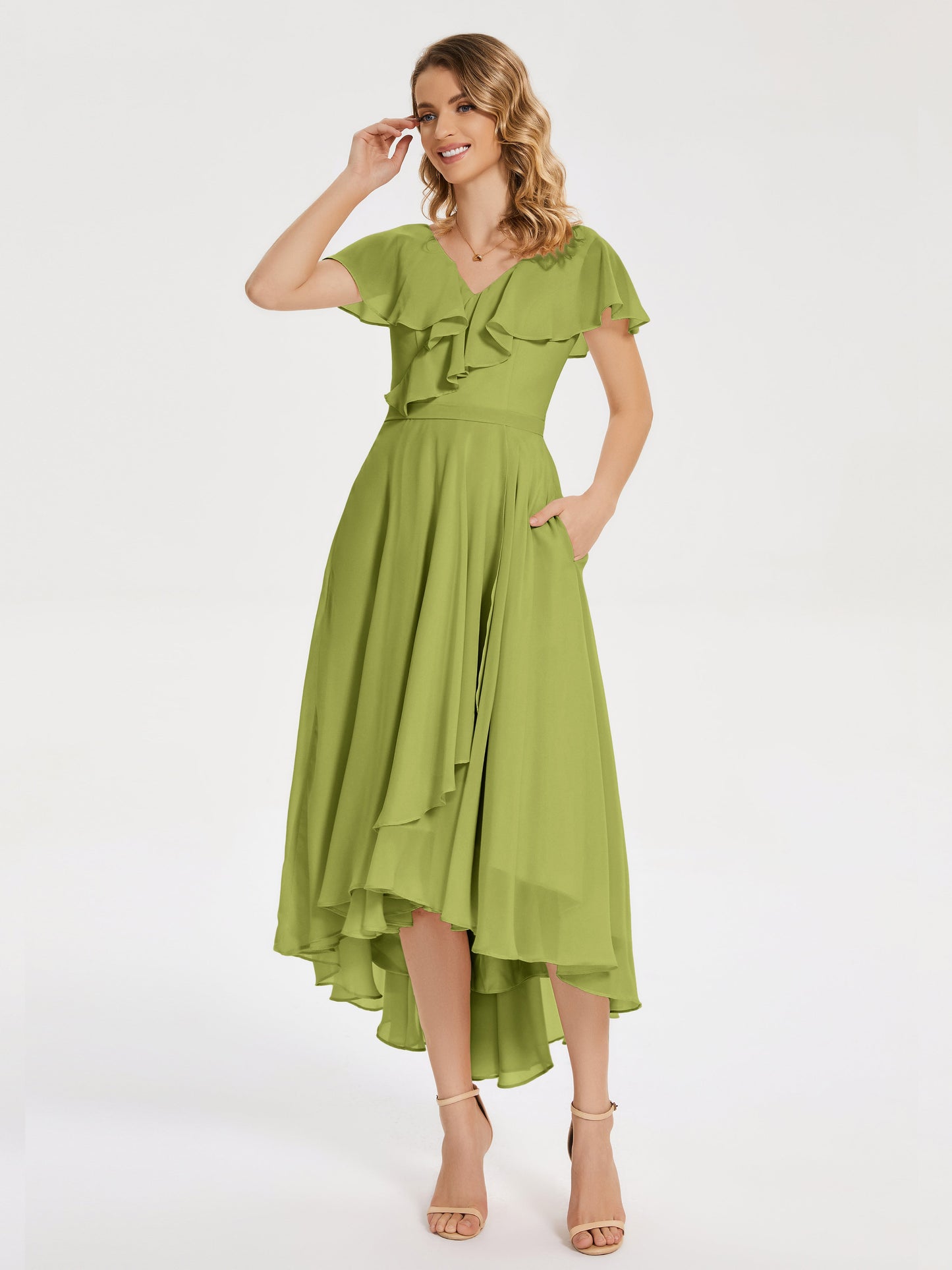 Gabriela Short Sleeves High Low Bridesmaid Dress with Pockets