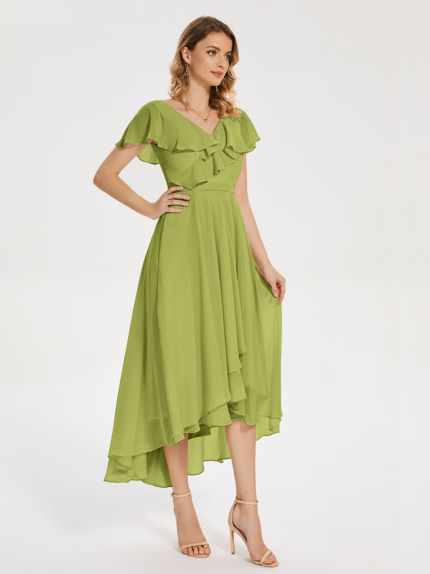 Gabriela Short Sleeves High Low Bridesmaid Dress with Pockets