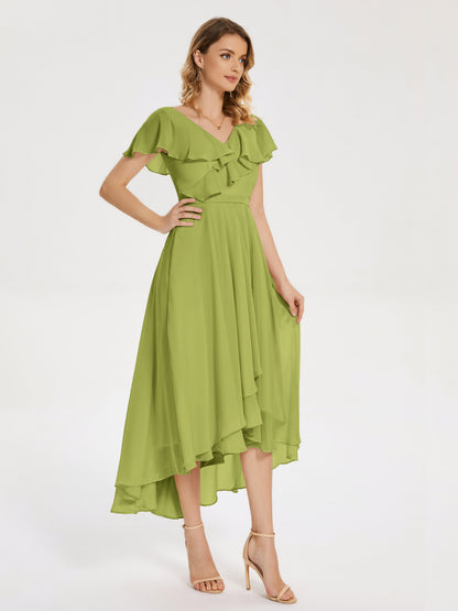 Gabriela Short Sleeves High Low Bridesmaid Dress with Pockets