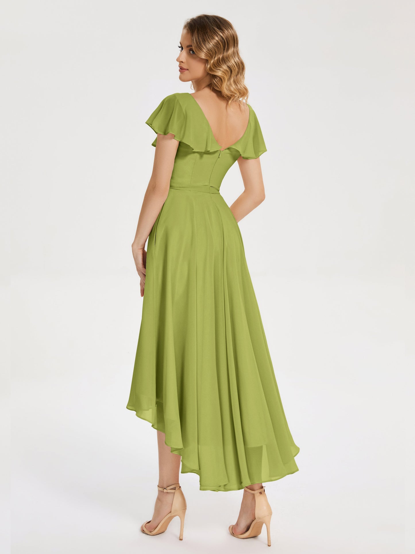 Gabriela Short Sleeves High Low Bridesmaid Dress with Pockets