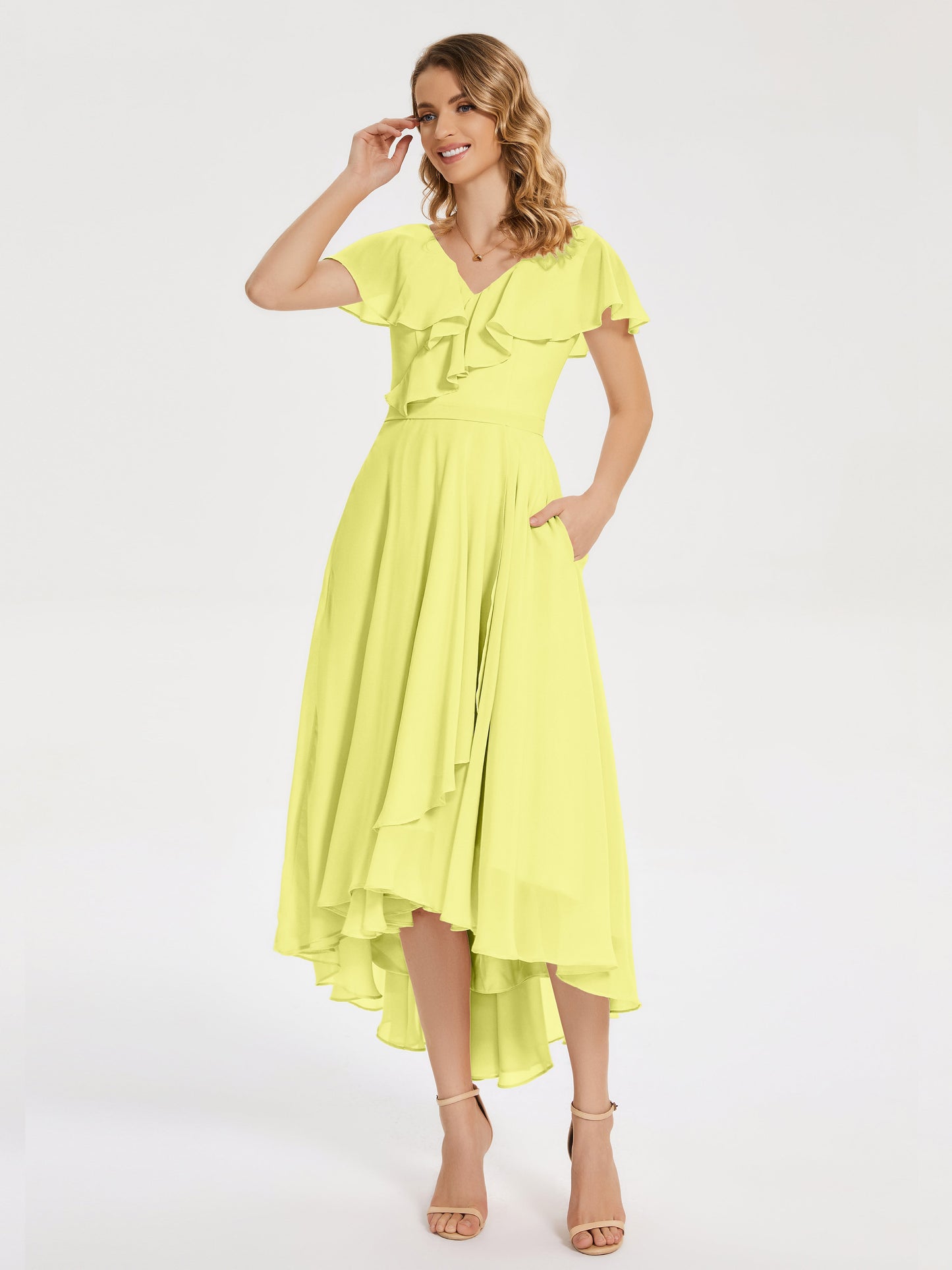 Gabriela Short Sleeves High Low Bridesmaid Dress with Pockets