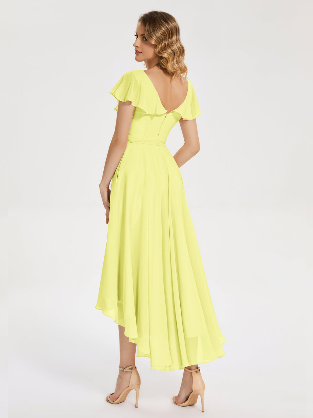 Gabriela Short Sleeves High Low Bridesmaid Dress with Pockets