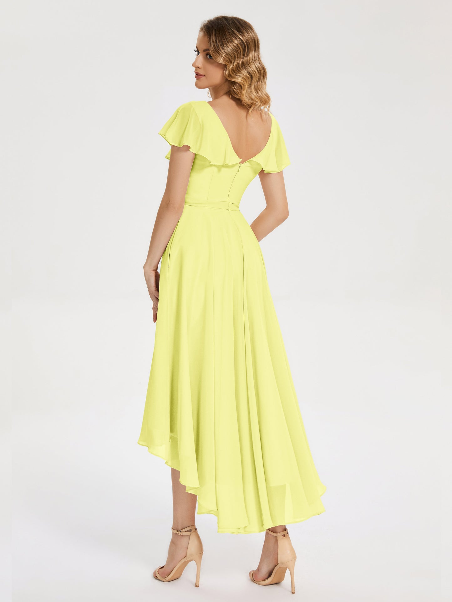 Gabriela Short Sleeves High Low Bridesmaid Dress with Pockets