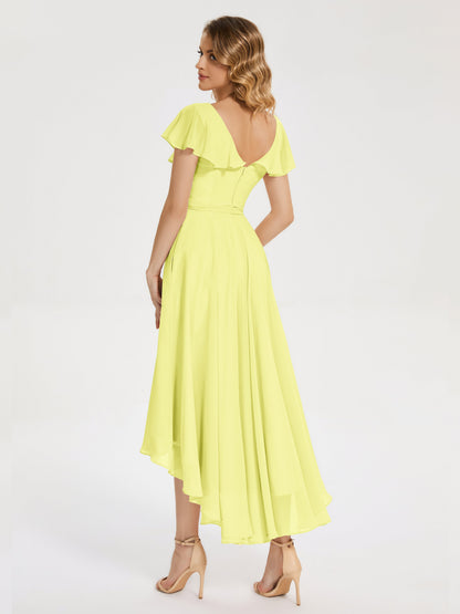 Gabriela Short Sleeves High Low Bridesmaid Dress with Pockets