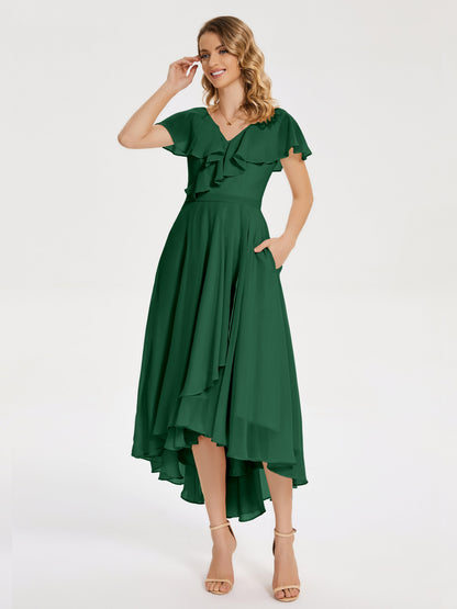Gabriela Short Sleeves High Low Bridesmaid Dress with Pockets