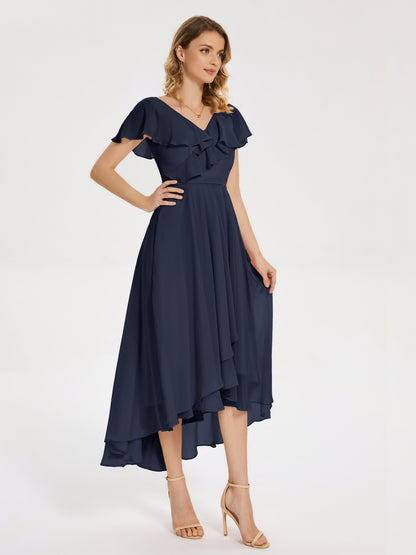 Gabriela Short Sleeves High Low Bridesmaid Dress with Pockets