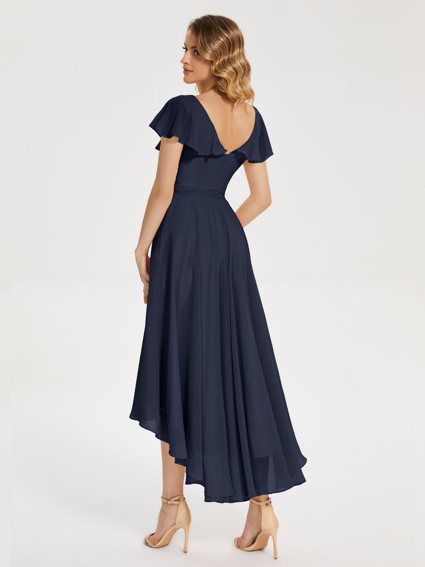 Gabriela Short Sleeves High Low Bridesmaid Dress with Pockets