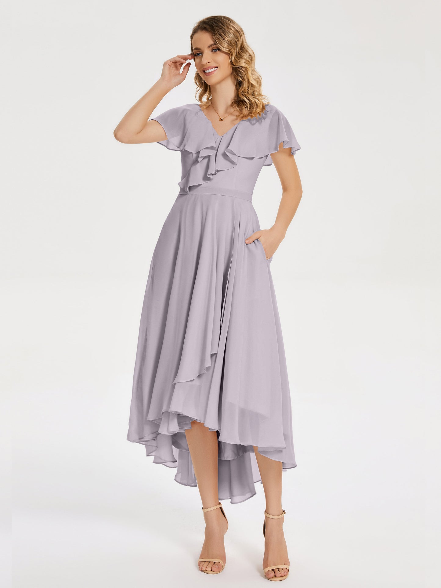 Gabriela Short Sleeves High Low Bridesmaid Dress with Pockets
